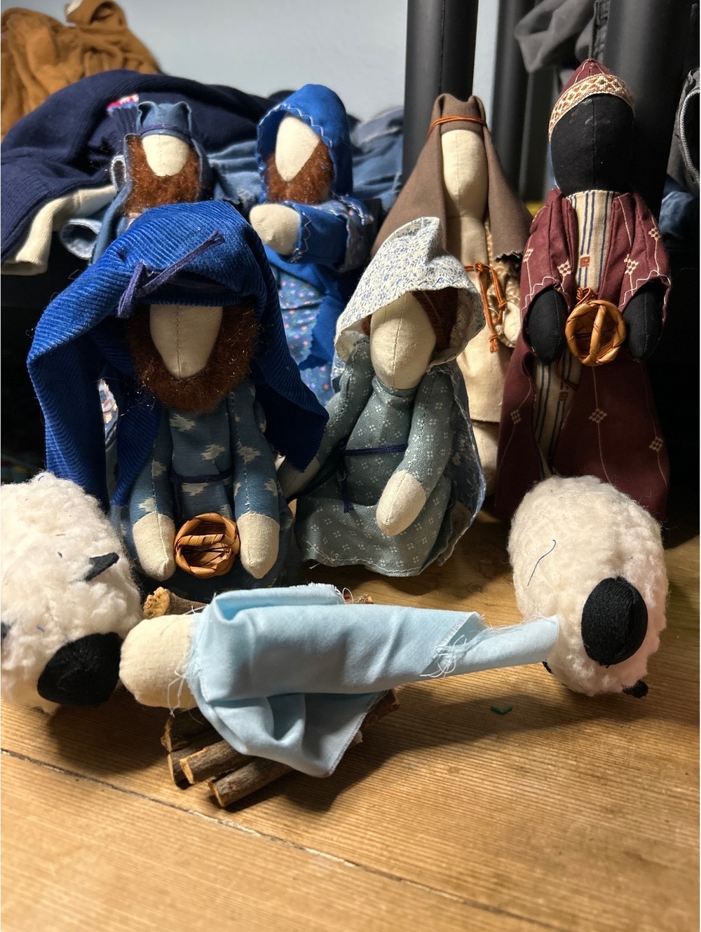 Handcrafted Nativity Scene with Fabric Figures and Sheep